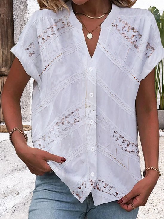 Women V Neck Short Sleeve Plain Lace Regular Loose Blouse