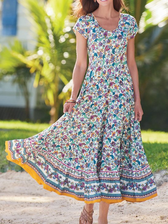 Women Floral Crew Neck Cap Sleeve Comfy Vacation Maxi Dress
