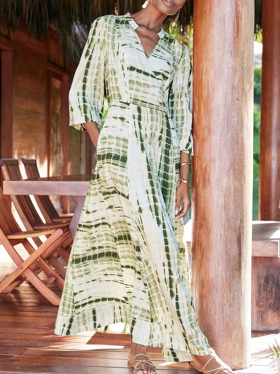 Women Tie-Dye Pattern V Neck Three Quarter Sleeve Comfy Vacation Maxi Dress