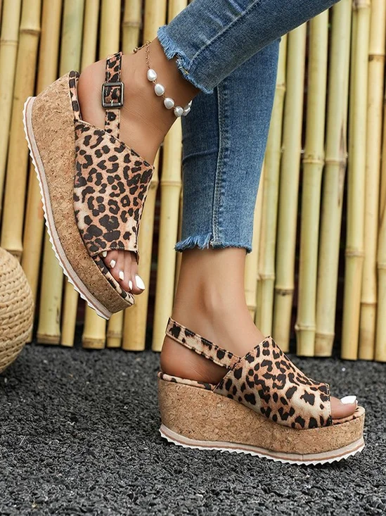 Casual Leopard Slip On Block Heel Wedge Sandals