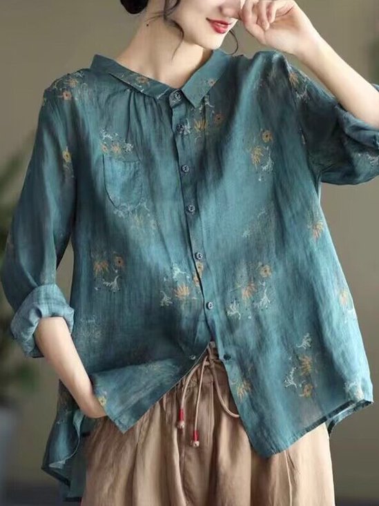 Shirt Collar Raglan Sleeves Three Quarter Sleeve Floral Regular Loose Blouse For Women