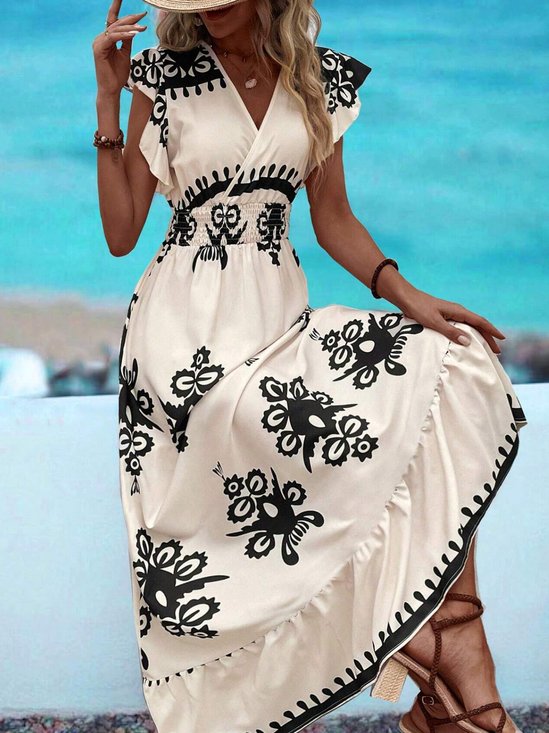 Women Ethnic V Neck Cap Sleeve Comfy Vacation Scramble Maxi Dress