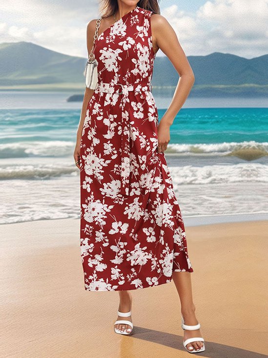 Women Floral One Shoulder Sleeveless Comfy Casual Maxi Dress
