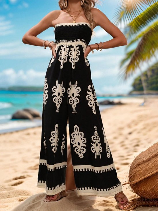 Women Sleeveless Strapless Loose Long Daily Casual Ethnic Natural Jumpsuit