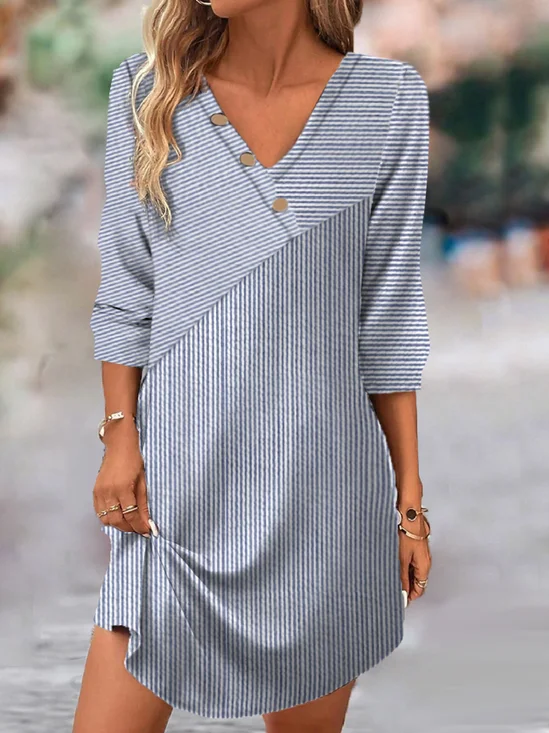 Women Striped V Neck Short Sleeve Comfy Casual Short Dress