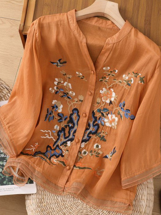 V Neck Half Sleeve Floral Embroidery Regular Loose Blouse For Women