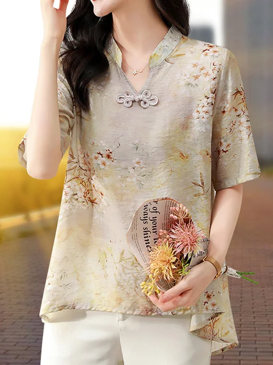 Notched Half Sleeve Floral Embroidery Regular Loose Shirt For Women