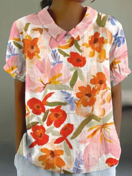 Shawl Collar Short Sleeve Floral Regular Loose Shirt For Women