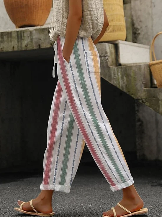 Women Casual Multicolor Striped Ankle Pants