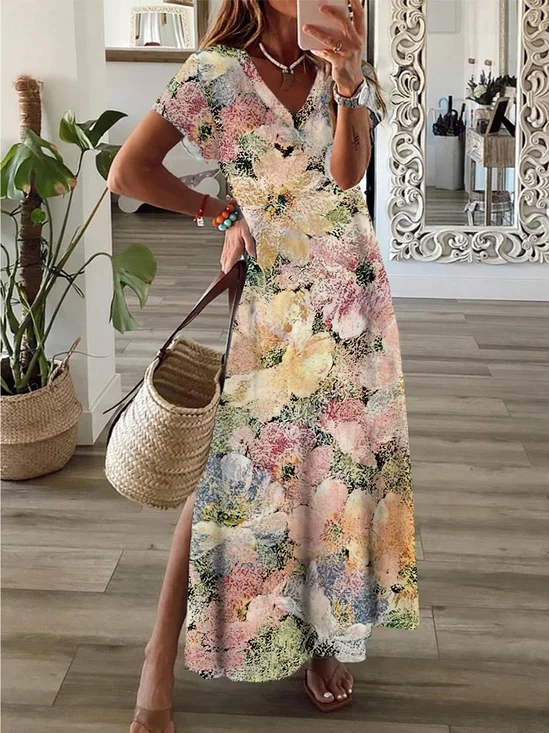 Women Floral V Neck Short Sleeve Comfy Casual Maxi Dress