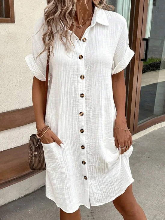 Women Plain Shirt Collar Short Sleeve Comfy Casual Short Dress
