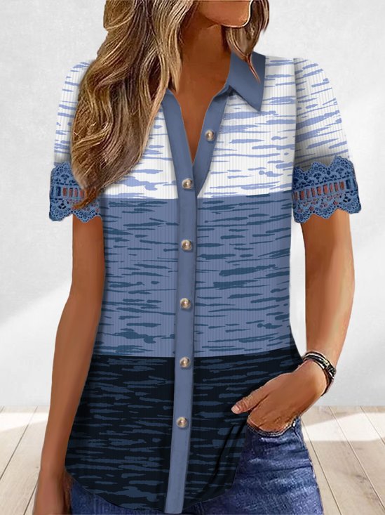 Shirt Collar Short Sleeve Color Block Regular Loose Blouse For Women