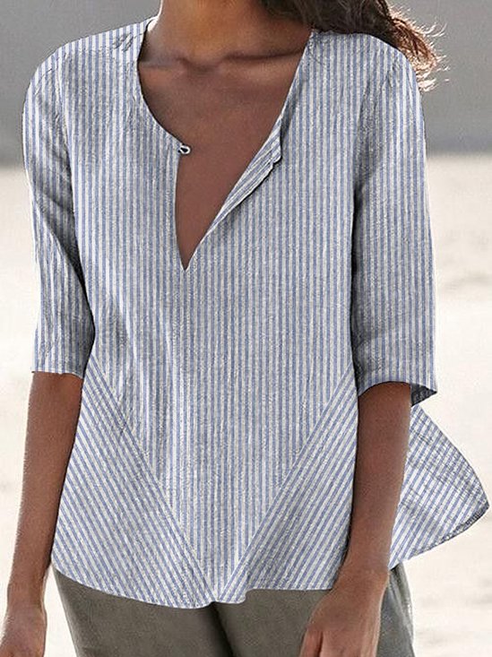 Shirt Collar Half Sleeve Striped Regular Loose Blouse For Women