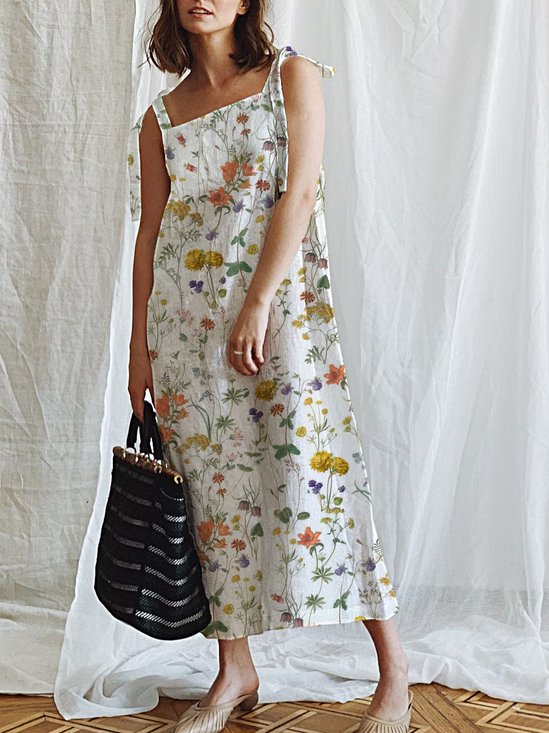 Women Small Floral Square Neck Sleeveless Comfy Casual Maxi Dress