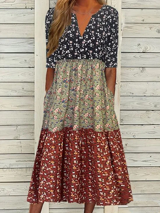 Women Contrast Stitching V Neck Short Sleeve Comfy Casual Midi Dress