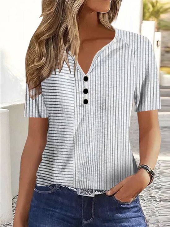 V Neck Short Sleeve Striped Regular Loose Shirt For Women