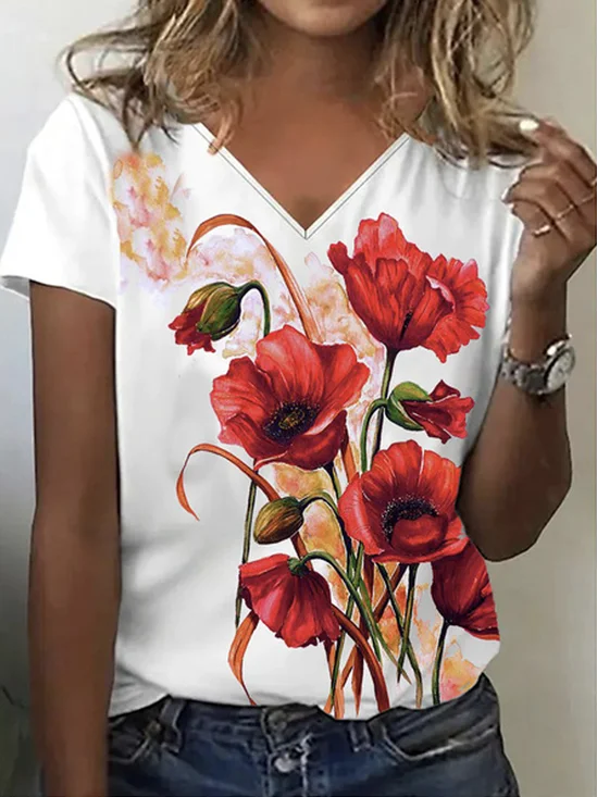 Casual Floral V Neck Short Sleeve T-shirt