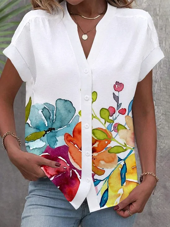 Notched Short Sleeve Floral Regular Loose Blouse For Women