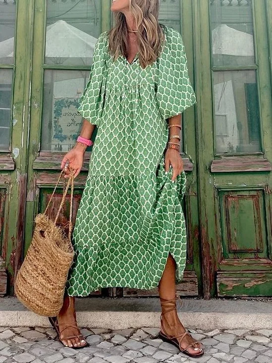 Women Ethnic Crew Neck Three Quarter Sleeve Comfy Casual Maxi Dress