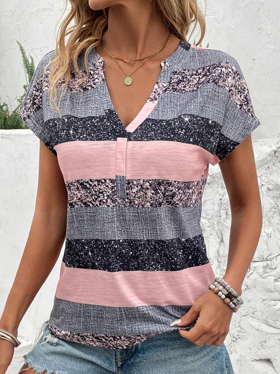 Casual Striped V Neck Short Sleeve T-shirt