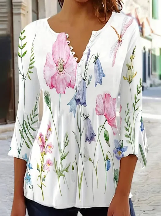 Crew Neck Half Sleeve Floral Buckle Regular Loose Blouse For Women
