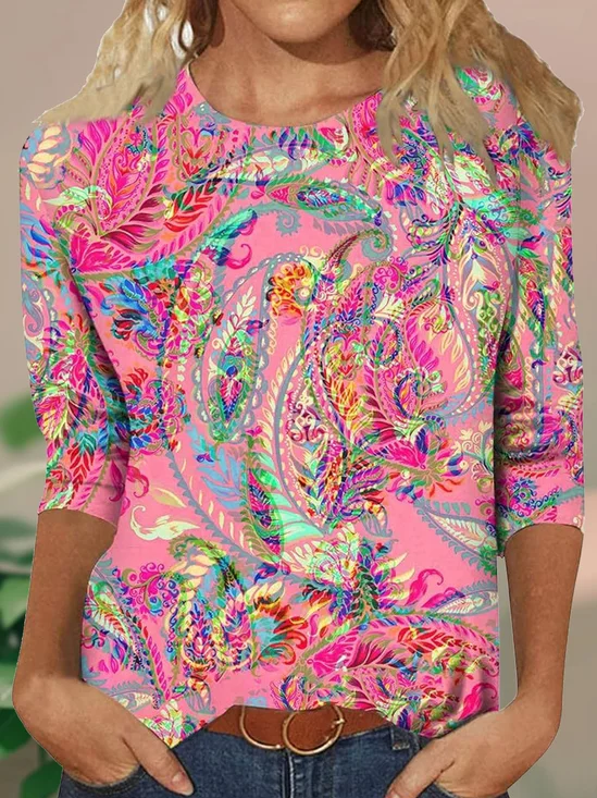 Casual Ethnic Crew Neck Three Quarter Sleeve T-shirt