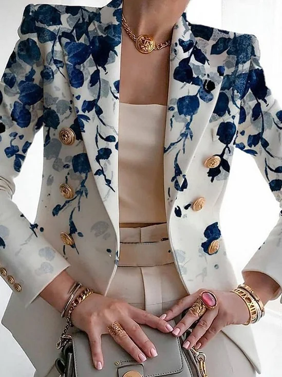 Women's Floral Spring/Fall Outerwear Casual Buckle Long Sleeve Shawl Collar Regular Blazer