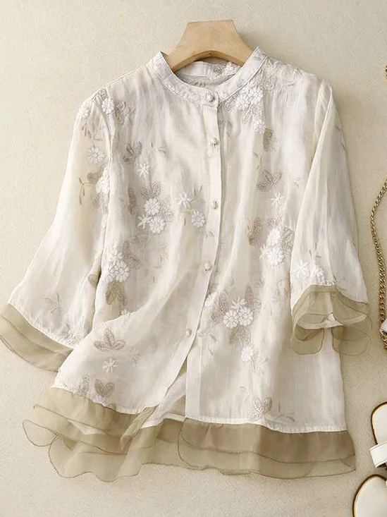 Stand Collar Long Sleeve Embroidery Patterns Regular Loose Shirt For Women