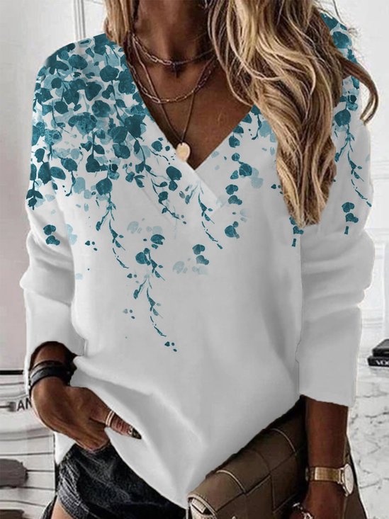 Casual V Neck Leaf Sweatshirt