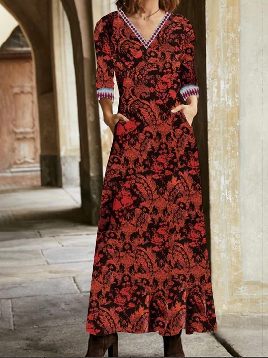 Women Floral V Neck Long Sleeve Comfy Vintage Maxi Dress