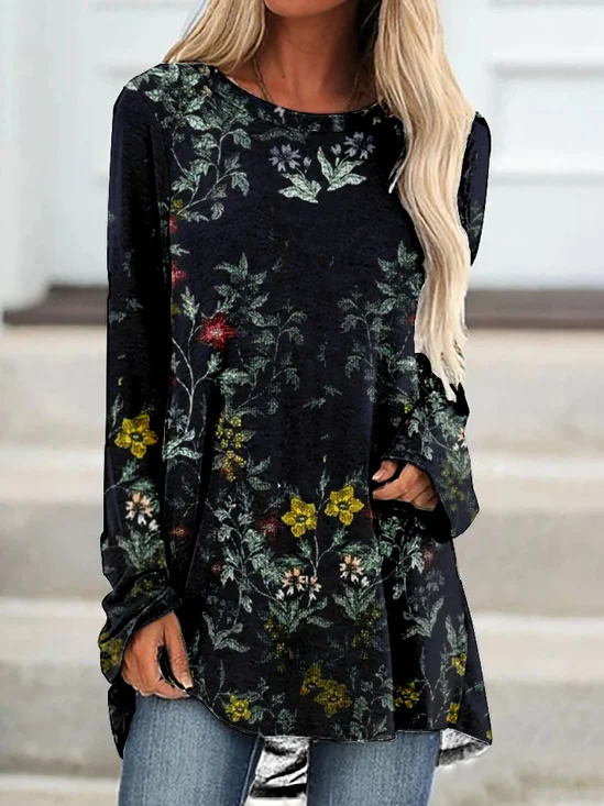 Vintage Floral Crew Neck Long Sleeve T-shirt