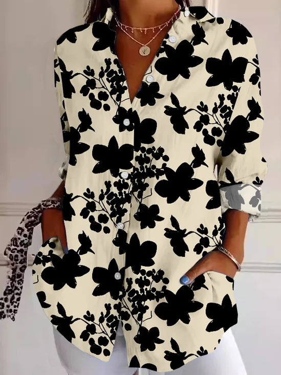 Shirt Collar Long Sleeve Floral Buttoned Regular Loose TUNIC Shirt For Women