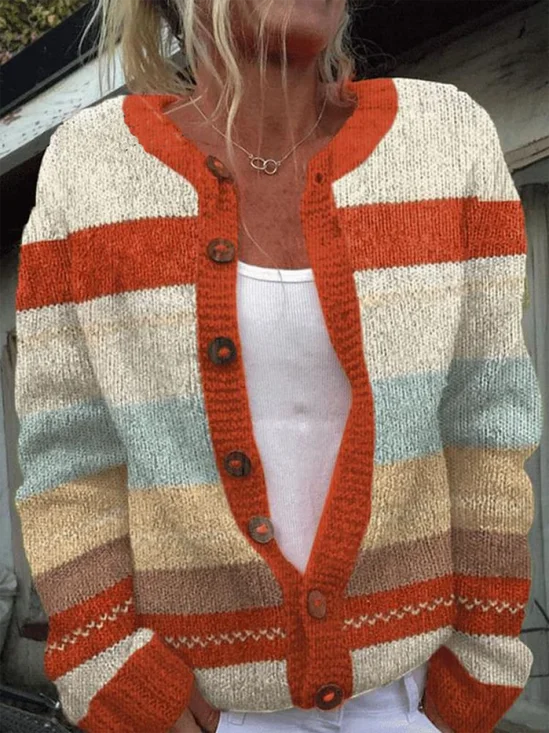 Women Knitted Floral Long Sleeve Comfy Vintage Cardigan