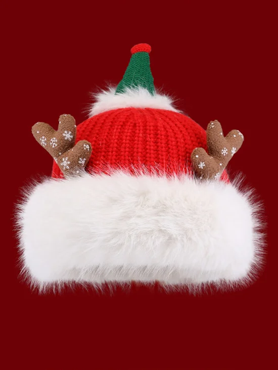 Cute Christmas Antlers Red Plush Hat Women's Winter Warm Thickened Ear Protection Beanie