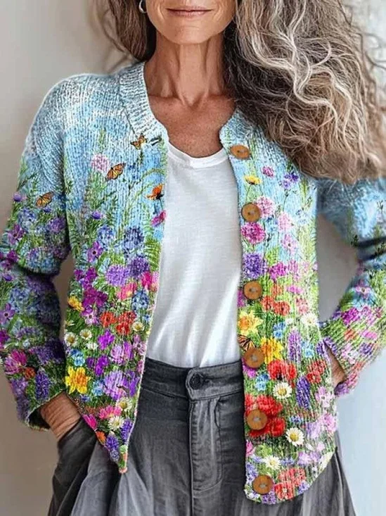 Women Knitted Paisley Long Sleeve Comfy Vintage Cardigan