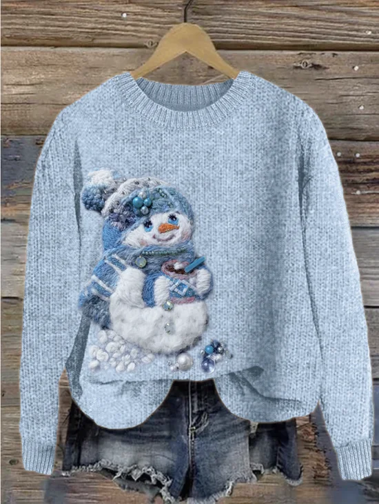 Women Wool/Knitting Cute Snowman Print Long Sleeve…