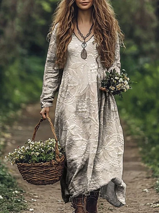 Women Floral V Neck Long Sleeve Comfy Casual Maxi Dress