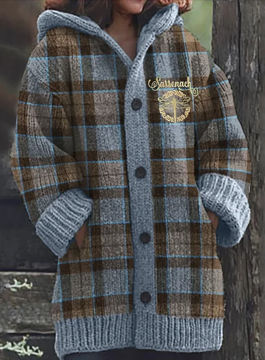 Women Knitting Plaid Print Long Sleeve Comfy Casual Cardigan