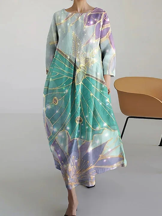 Women Floral Crew Neck Three Quarter Sleeve Comfy Casual Midi Dress