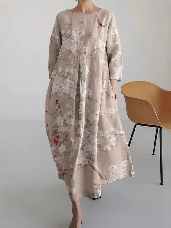 Women Floral Crew Neck Three Quarter Sleeve Comfy Casual Midi Dress