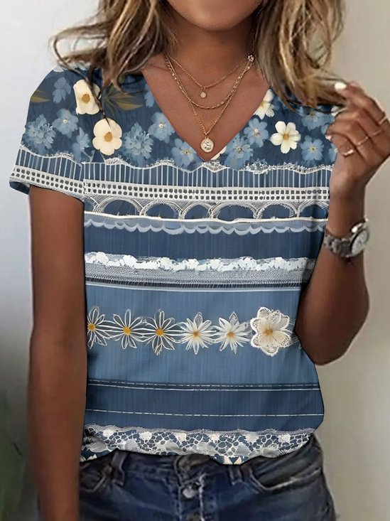 Vintage Floral V Neck Short Sleeve T-shirt