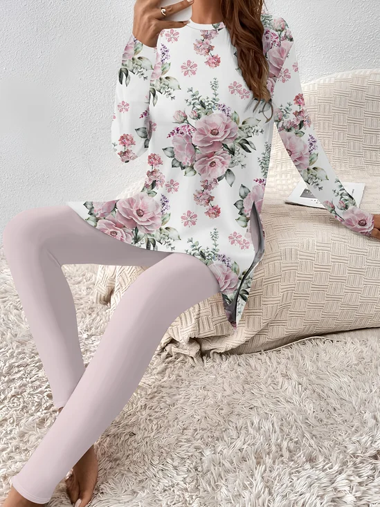 Women Floral Two-Piece Set Daily Long Sleeve Casual Spring/Fall Top With Pants Matching Set