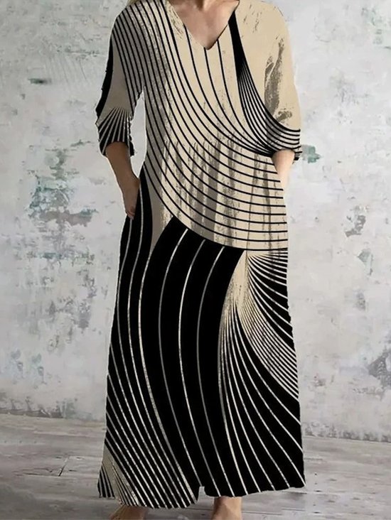 Women Floral V Neck Long Sleeve Comfy Vintage Maxi Dress