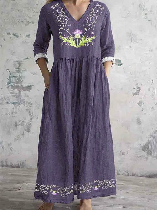 Women Floral V Neck Long Sleeve Comfy Vintage Maxi Dress