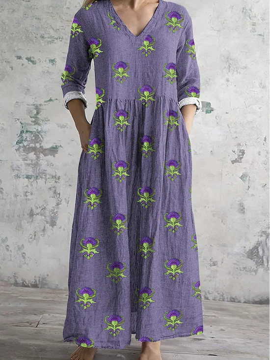 Women Floral V Neck Long Sleeve Comfy Vintage Maxi Dress