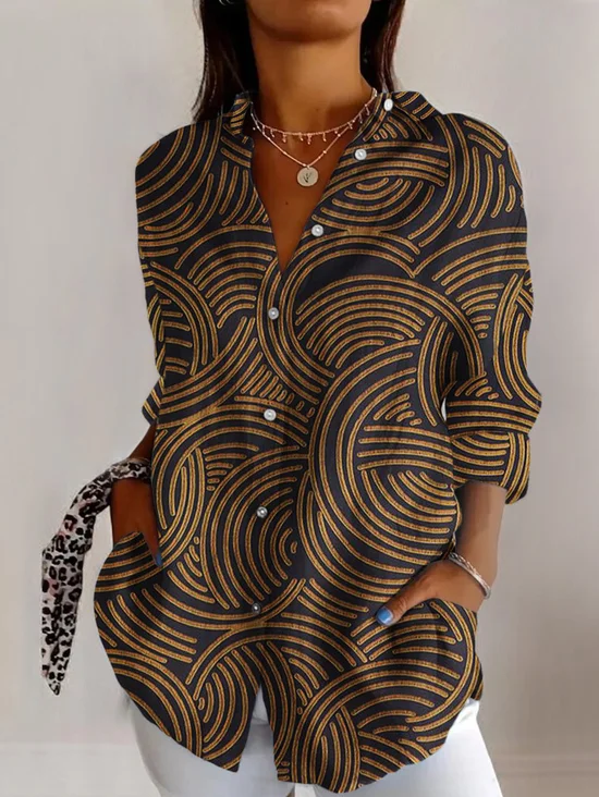 Shirt Collar Long Sleeve Striped Regular Micro-Elasticity Regular Fit Shirt For Women