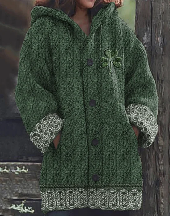 Women St. Patrick's Day Wool/Knitting Plaid Long Sleeve Comfy Casual Cardigan