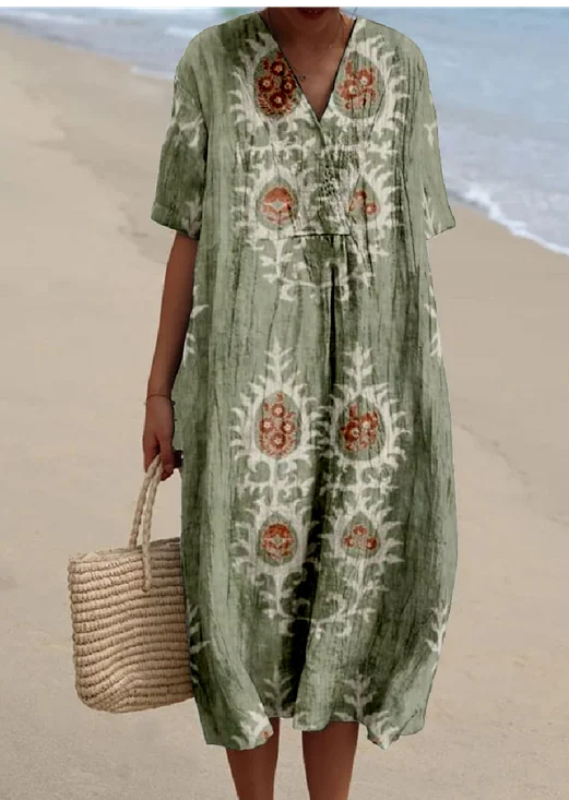 Women Tropical V Neck Short Sleeve Comfy Vintage Maxi Dress