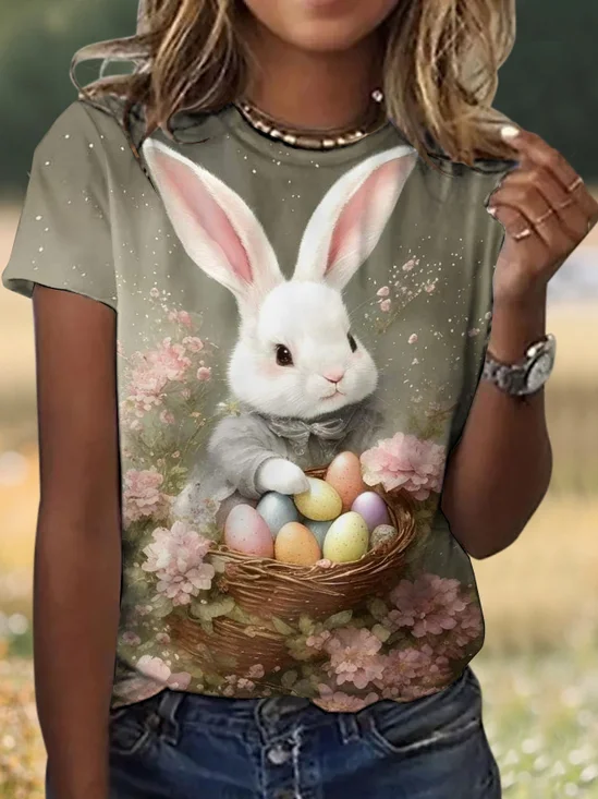 Vintage Easter Rabbit Eggs Animal Crew Neck Short Sleeve T-shirt