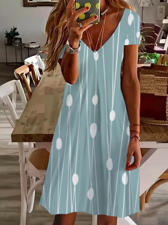 Women Striped V Neck Short Sleeve Comfy Casual Printing Knee Length Dress